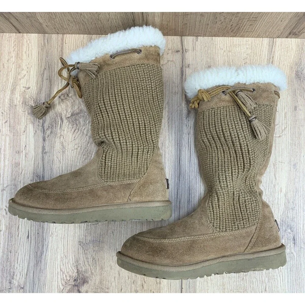 UGG AUSTRALIA Sock Boots Girls 3 Brown Suede Leather & Textile Fur String 5921